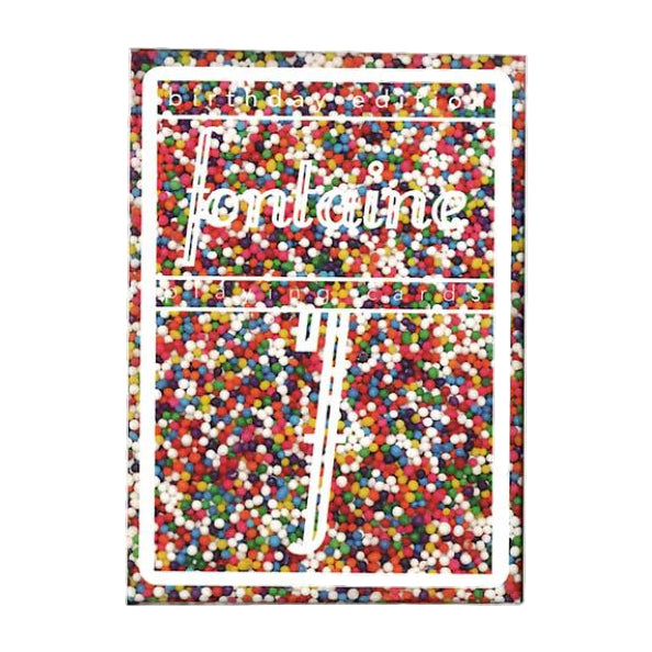 Colorful confetti patterned product with 'fontaine' branding on a white background